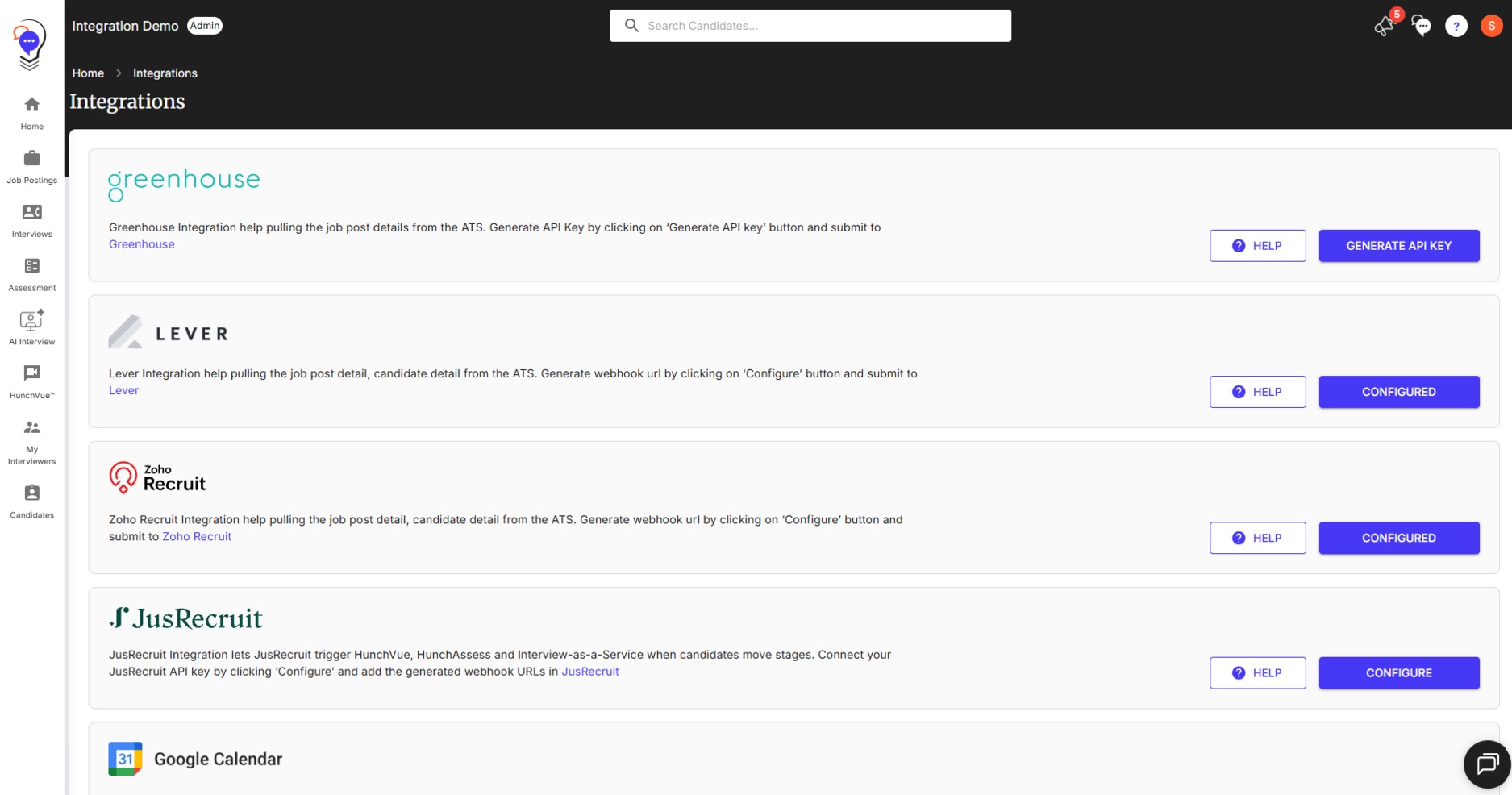 HireHunch Integrations page showing the JusRecruit integration card with a Configure button