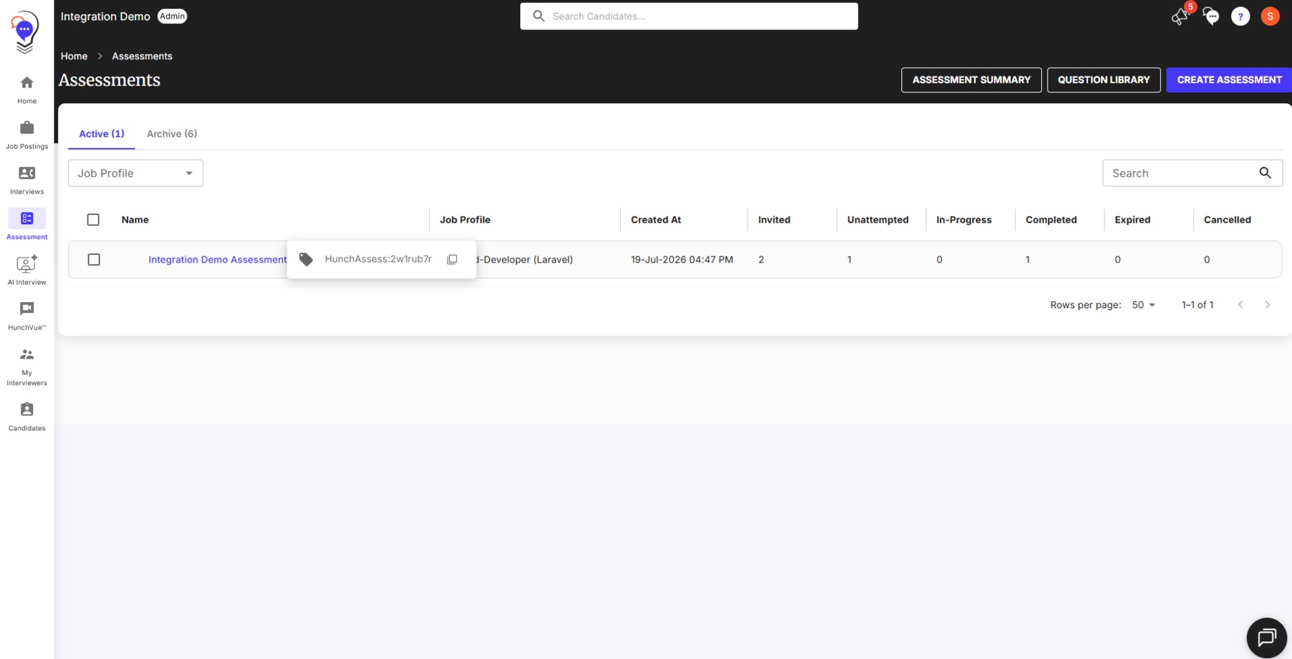 HireHunch Assessments list with a tooltip showing the assessment ID to copy