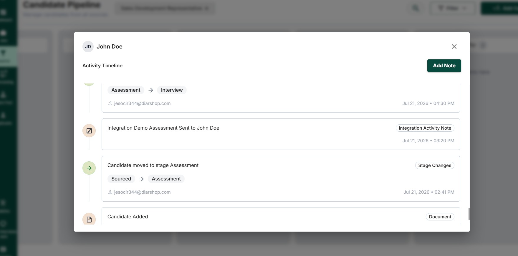 JusRecruit candidate activity timeline showing the HunchAssess assessment invitation note