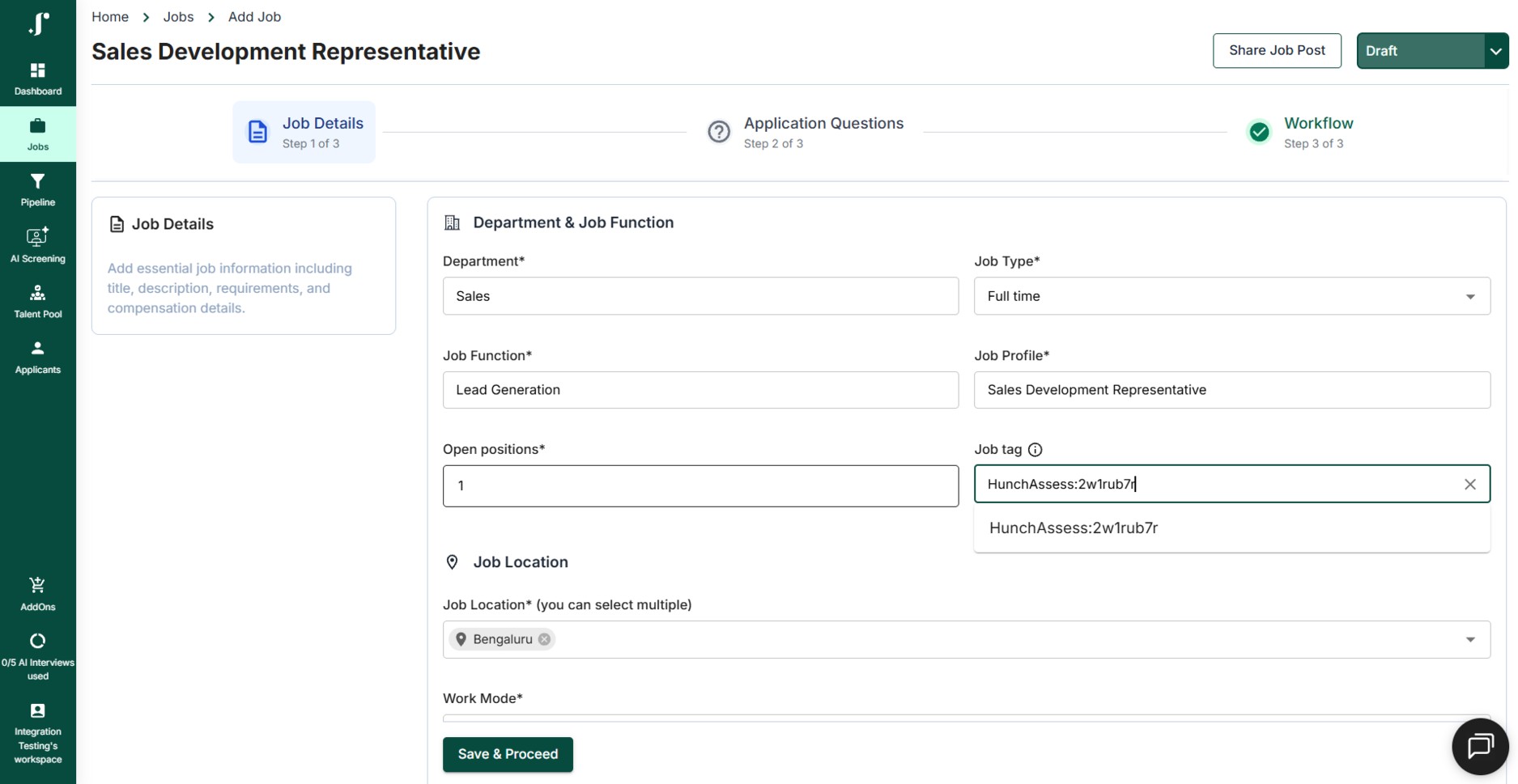 JusRecruit job tags field showing a HunchAssess assessment-ID tag being added