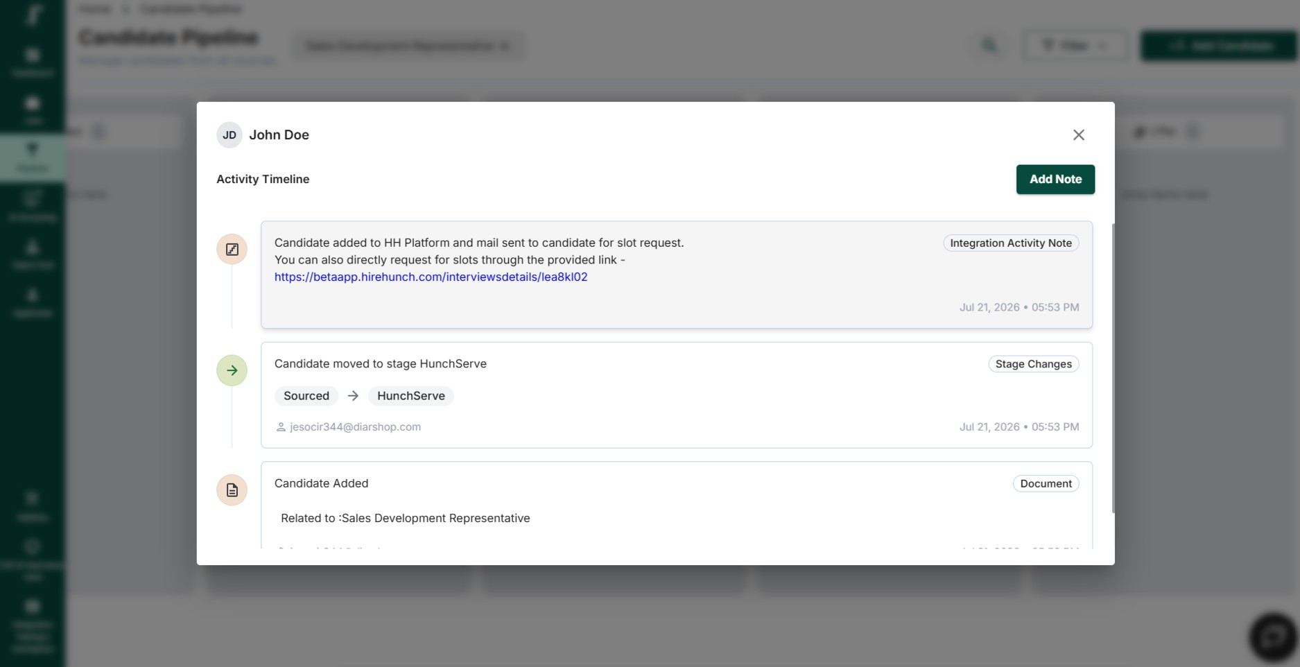 JusRecruit candidate note showing the HunchServe interview requested activity with a link