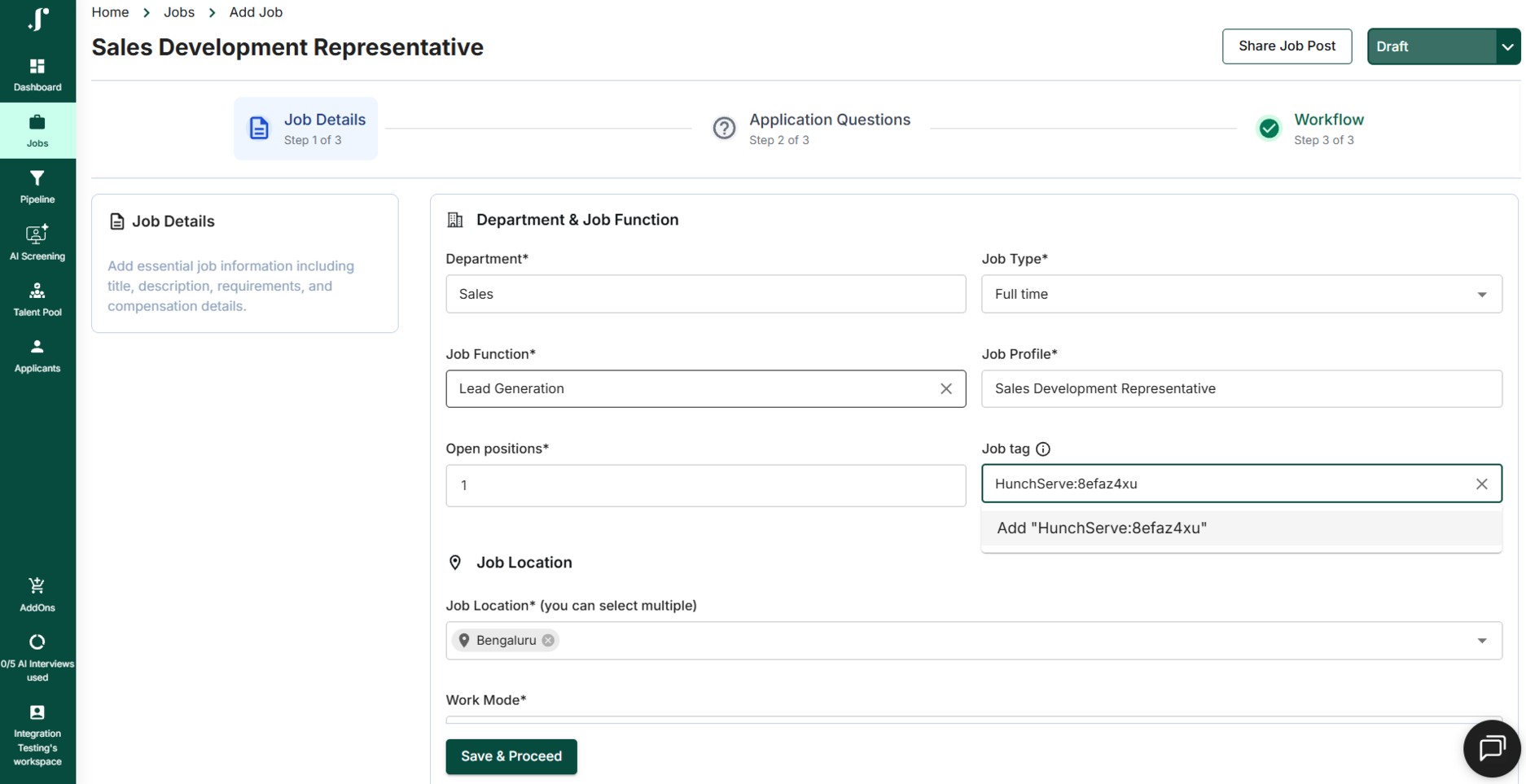 JusRecruit job tags field showing a HunchServe HireHunch-job-ID tag being added