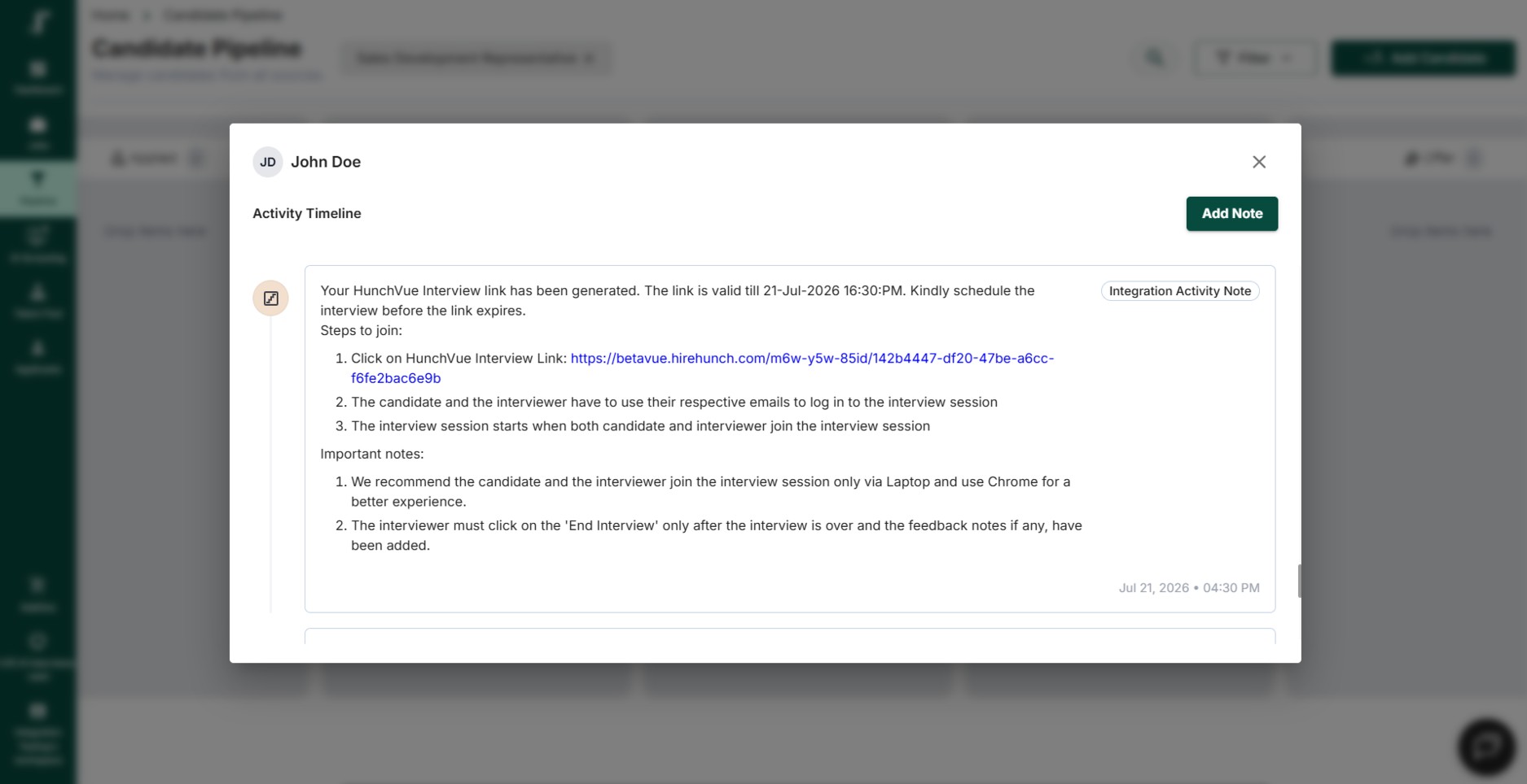 JusRecruit candidate note containing the HunchVue interview link and joining instructions