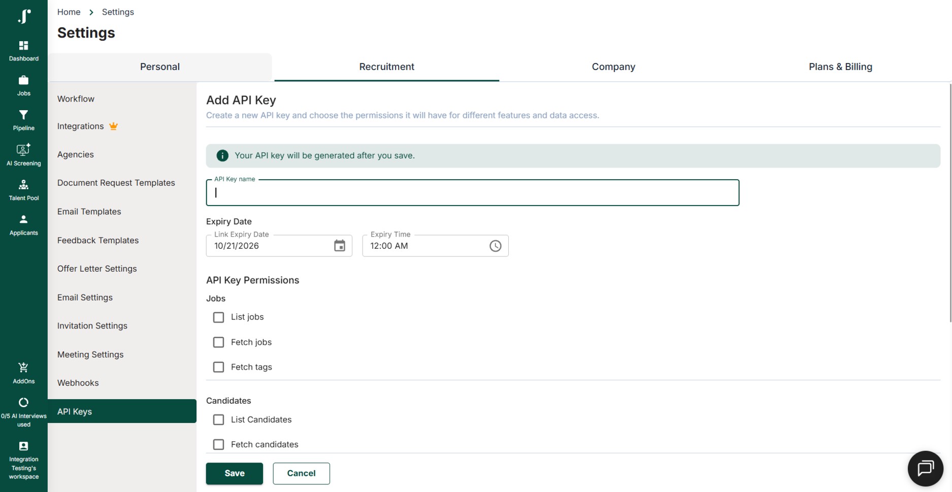 JusRecruit Add API Key screen under Settings, Recruitment, API Keys