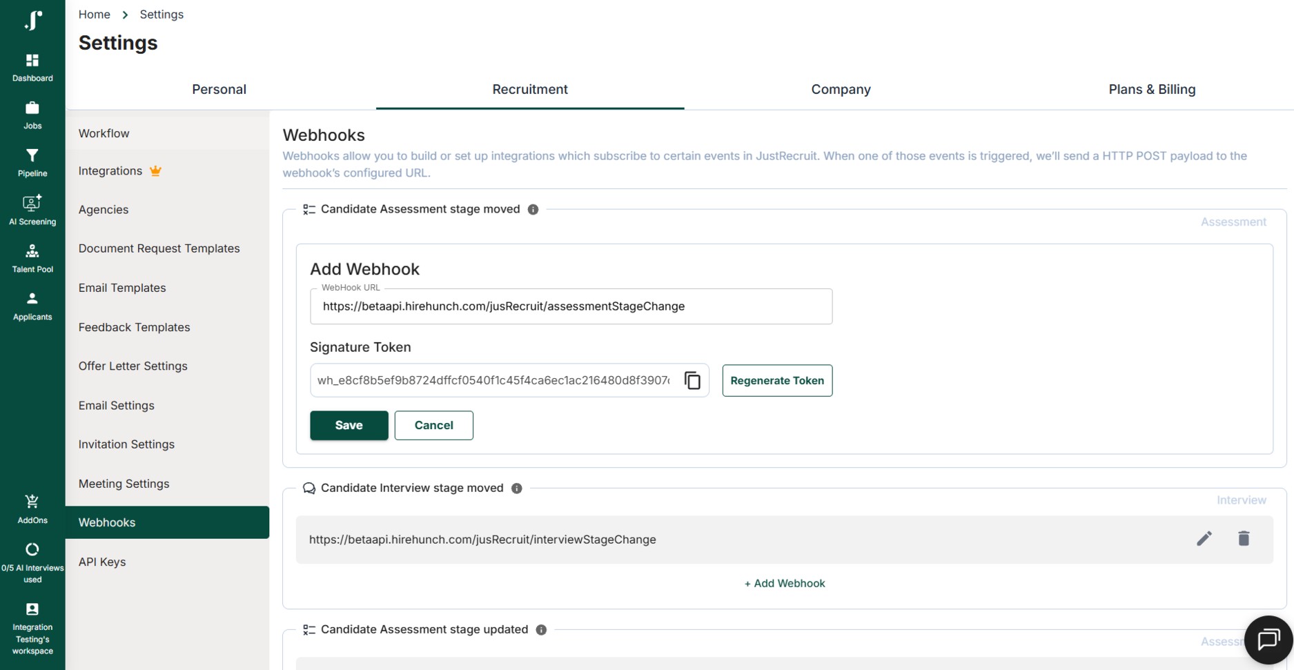 JusRecruit Settings Webhooks screen adding a webhook URL and generating a signature token