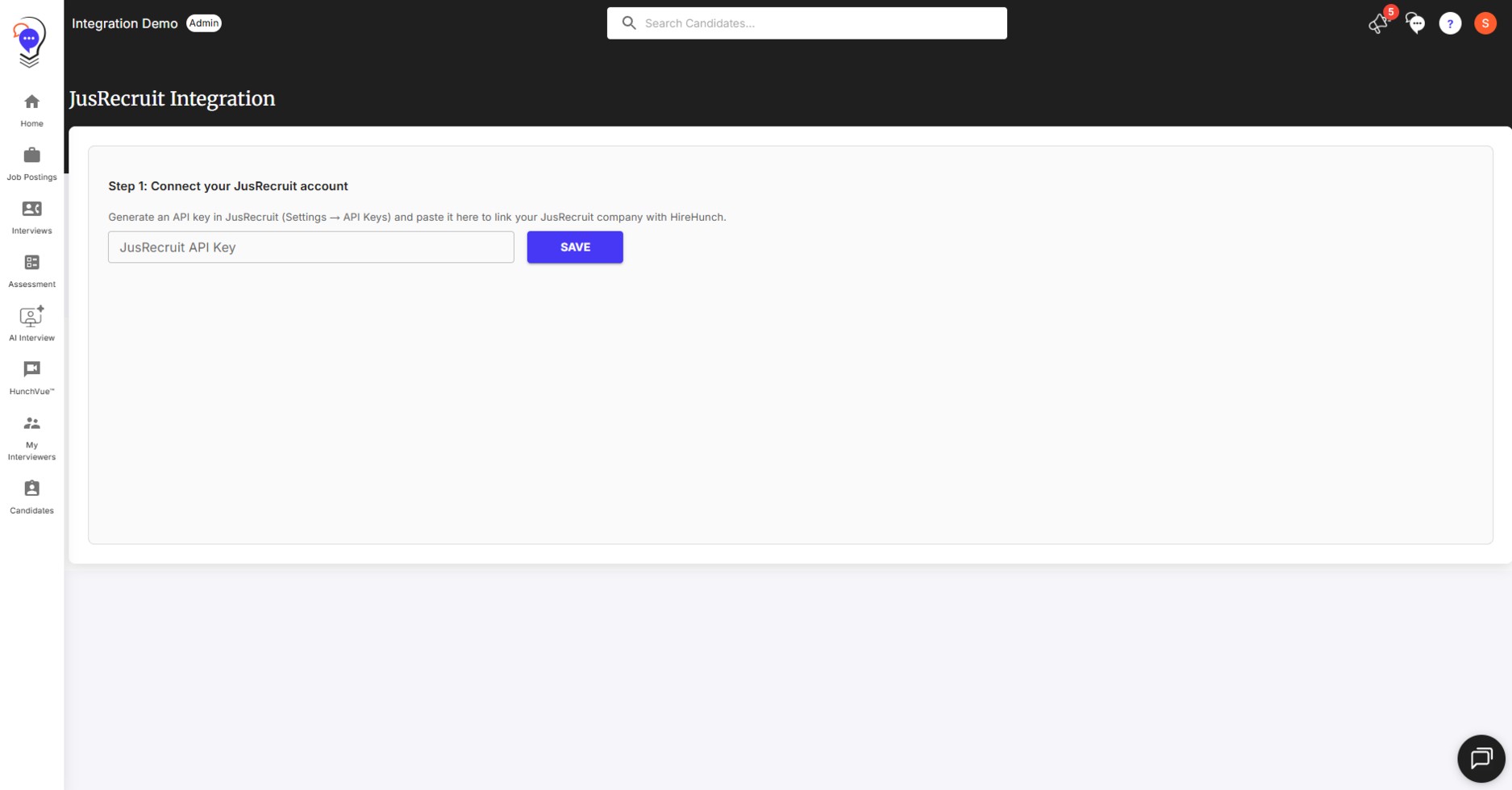 HireHunch JusRecruit Integration Step 1 with a field to paste the JusRecruit API key