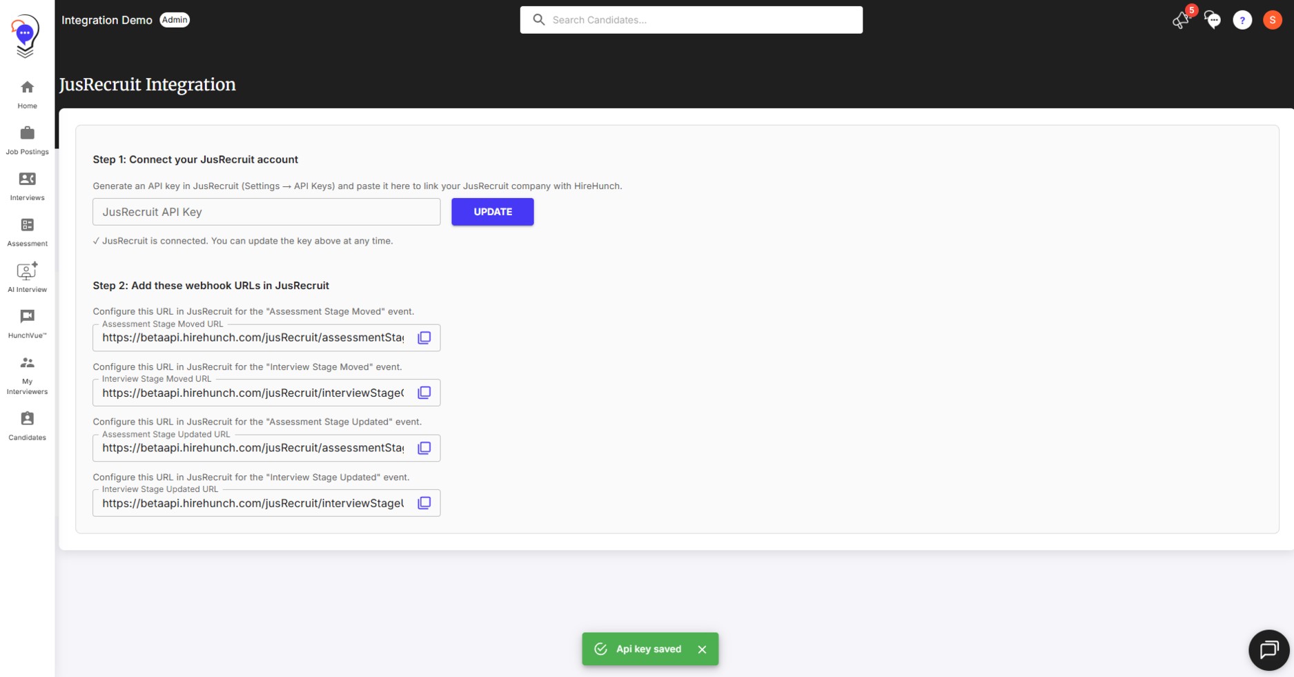 HireHunch JusRecruit Integration Step 2 listing the four webhook URLs to copy